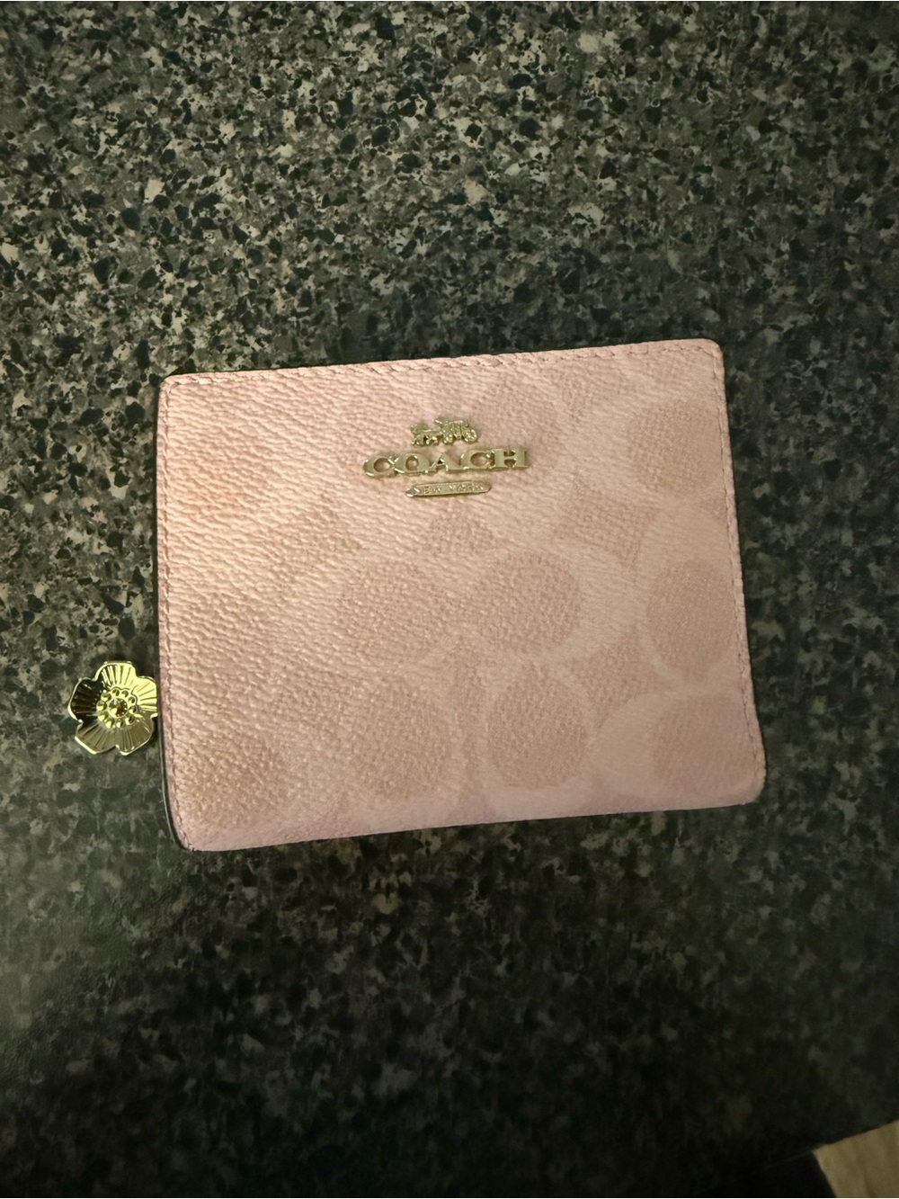 Coach Light Pink Signature Compact Wallet with Floral Zip Pull